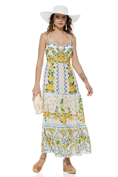 Fofy Rochie de vara alba lunga cu bumbac imprimeu mediteranean Amalfi cupe bu...