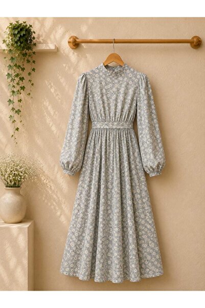 KÜÇÜĞÜM BUTİK Hijab Daisy Gray High Neck Flared Dress