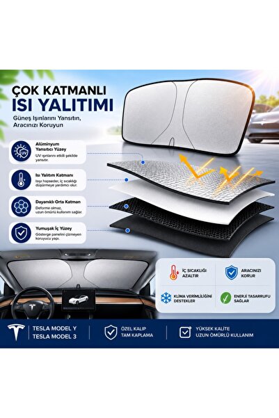 Baseus Polham 140x80 CM Tesla Model Y ve Model 3 İle Uyumlu Ön Cam Güneşliği, Isı Yalıtımlı Güneş Koruyucu