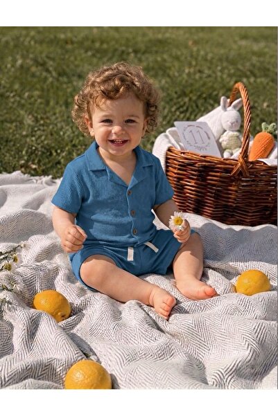 OMY Cotton Waffle Fabric Shirt with Buttons, Summer Shorts Set, Ages 1-5