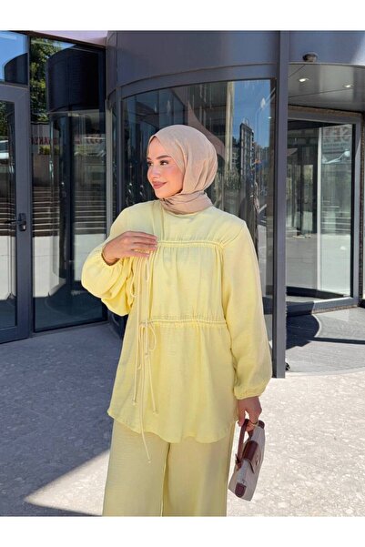Moda Aydın Butik Cotton Balloon Sleeve Lace Detailed Waist Gathered Double Se...