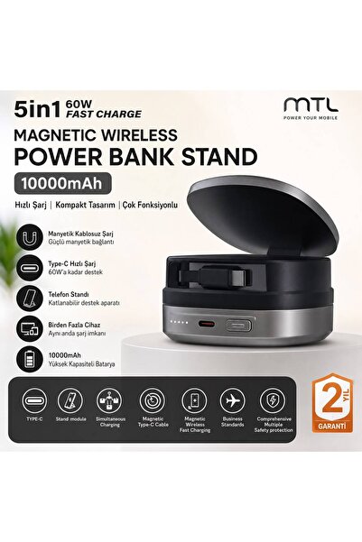 peltech 10.000 mAh 5İN1 DAHİLİ Kablolu 60W MANYETİK MagSafe PD Şarj Powerbank