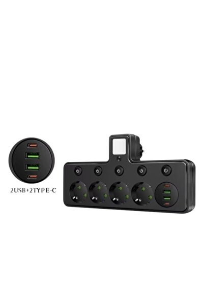 E-ANAMAG Πολύπριζο - 4 Υποδοχές/2 USB/2 TYPE-C, ανθρακί μαύρο διακόπτης 2500 W