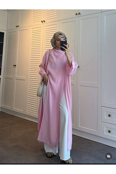 TrendParis Yırtmaç Detaylı Tensel Kumaş Uzun Tunik Açık Pembe