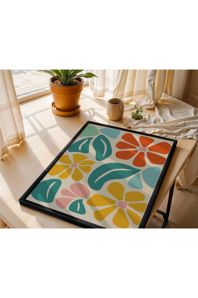 KOLAJTASARIM Single Black Wooden Framed Painting — Cheerful Floral Pattern Bo...