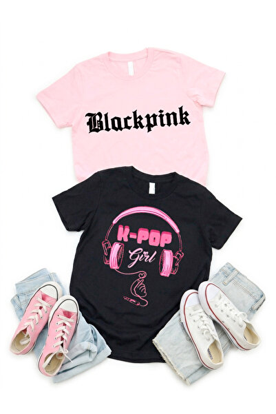 STİL-X طقم تي شيرت مطبوع عليه BLACK PINK مكون من قطعتين للفتيات، مصنوع من قما...