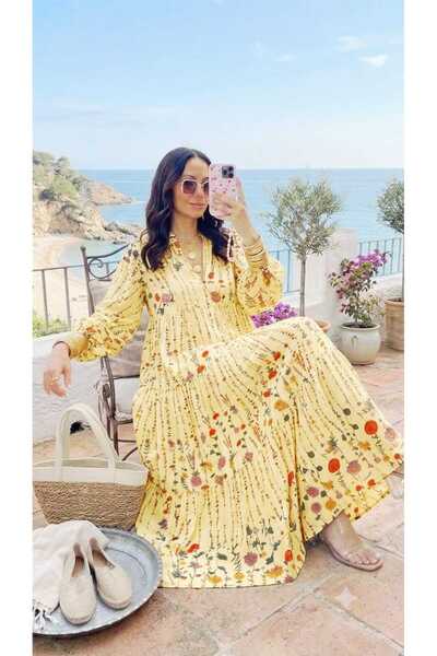 QUAWEAR V-Neck Patterned Viscose Fabric Full Length Dress
