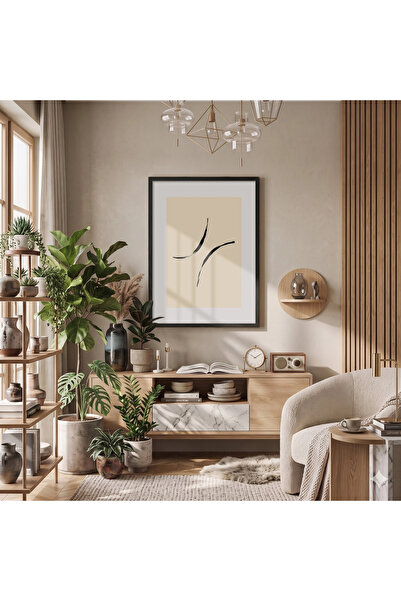 KOLAJTASARIM Linii fluide minimaliste bej, tablou cu ramă din lemn negru, asp...
