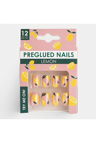 Z Store Unghii false pătrate nude cu model de lămâie și adeziv - 12 bucăți