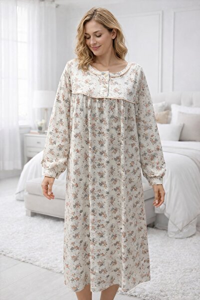 AYSUN TEKSTİL Large Size Long Sleeve Women's (Mom's) Nightgown Floral Pattern...