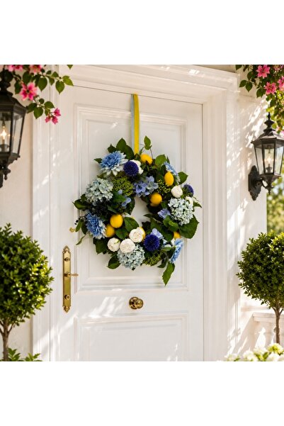 Flowersbymeral YILDIZ ÇİÇEKLİ LİMONLU MİNİ ORTANCALI KAPI SÜSÜ