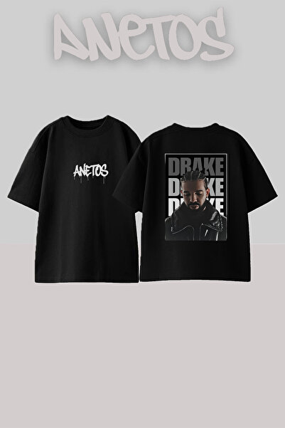 Anetos Drake_14 Μαύρο μπλουζάκι με στάμπα σχεδίασης Unisex Oversize