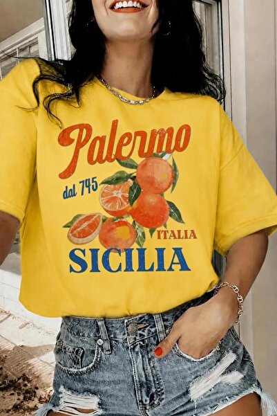 Oksit Tricou supradimensionat din bumbac, cu tematică portocalie, Palermo, Si...