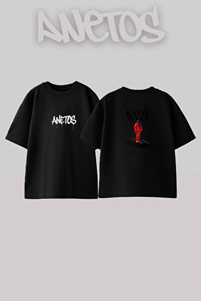 Anetos Kanye West_22 Μαύρο μπλουζάκι με στάμπα σχεδίου Unisex Oversize