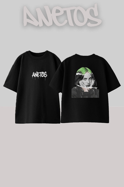 Anetos Μπλουζάκι Billie Eilish_49 με στάμπα σχεδίου, Unisex, Oversize, Μαύρο
