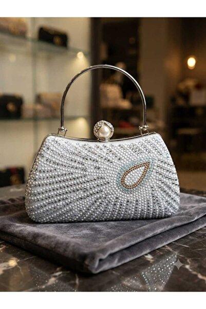 ACAR TAKI Patterned Pearl and Stone Design Special Stone Handle, Bridal Bag, ...