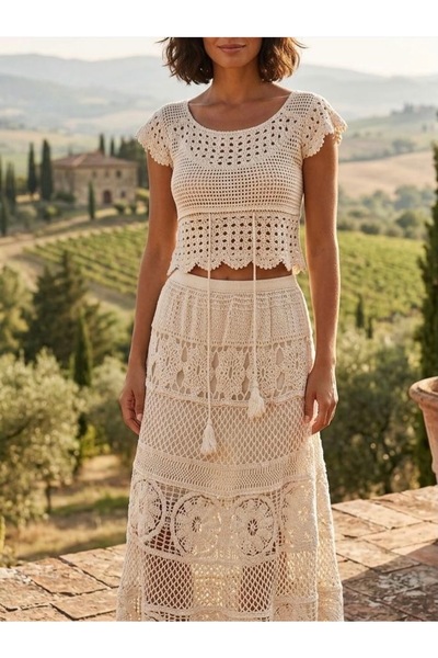 GIA'S WORLD Set doua piese vara din croset - bej - marime universala S-M