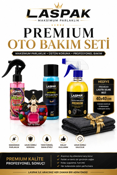 LASPAK Premium Oto Bakım Seti Lastik Parlatıcı + Antifrizli Cam Suyu + Oto Ko...
