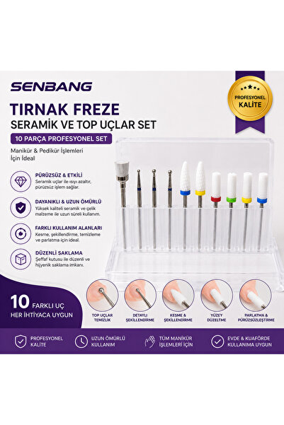 SENBANG 10’lu Seramik Freze Ucu Seti Manikür Pedikür Tırnak Freze Uçları Nail...