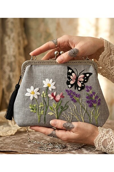 Arzu Demir 25x15 cm ölçülerinde %100 El nakış işlemeli Gri Keten Kumaş Hafif ...