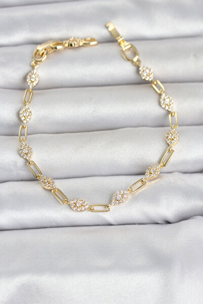Hobibahçem Gold Color Zircon Stone Paperclip Chain Model Women's Bracelet