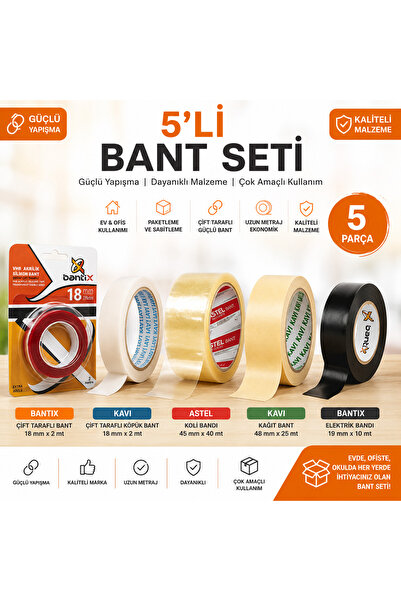 Bant 5 Li SETİ ( KOLİ BANTI 45MMx40MT, ÇİFT TARAFLI 18MMx2MT , KÖPÜK 18MMx2MT...