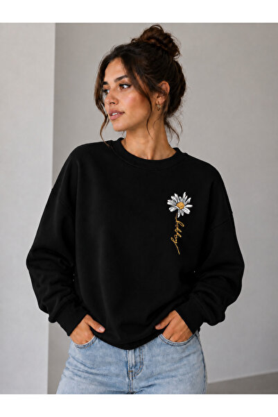 caddekombin Women's Aesthetic Vertical Floral Printed Crew Neck Sweatshirt