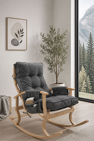 Badem10 Ahşap Sallanan Sandalye TV Dinlenme Emzirme Baba Okuma Koltuğu Ergono...