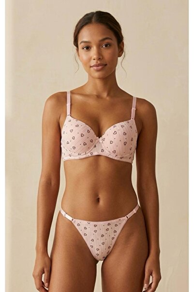 Noirelle Lingerie Kadın Pembe Kalp Desenli Fitilli Dolgulu Sütyen String İç Ç...