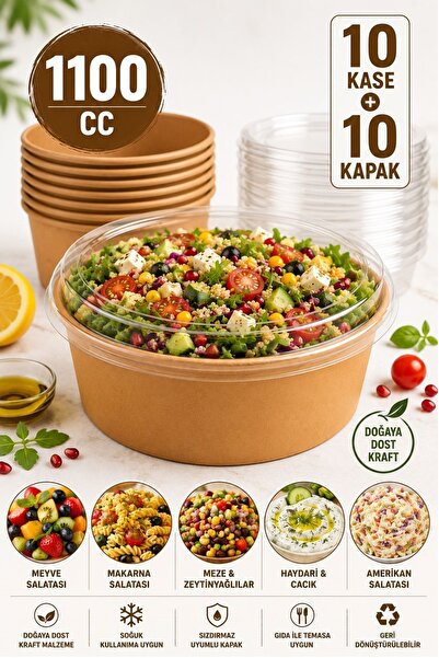 Kitchen Beauty 10 Adet Büyük Boy Kraft Bowl Salata Diyet Kasesi Kapaklı 1100 ...