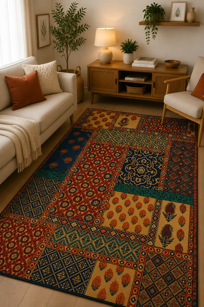G&C HOME Etnik Patchwork Dijital Baskı Kaymaz Taban Halı Salon Mutfak Koridor...