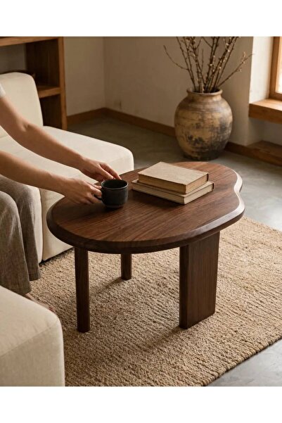 LkAhşap Masif Kayın Ağacı Ceviz Renk Organik Orta Sehpa 90x65 cm | El Yapımı Asimetrik 4 Ayaklı Modern Salon Sehpası