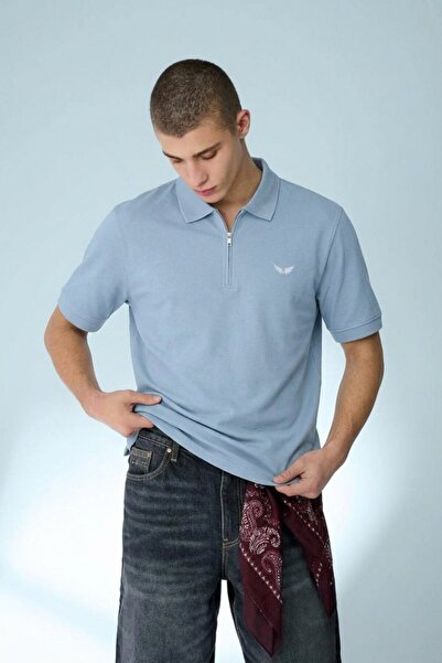 DAMGA JEANS Ανδρικό μπλουζάκι casual σε μπλε χρώμα με φαρδύ γιακά πόλο