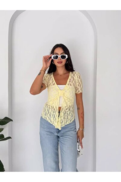 Cool & Sexy Women's Lace Detailed Transparent Blouse Yellow