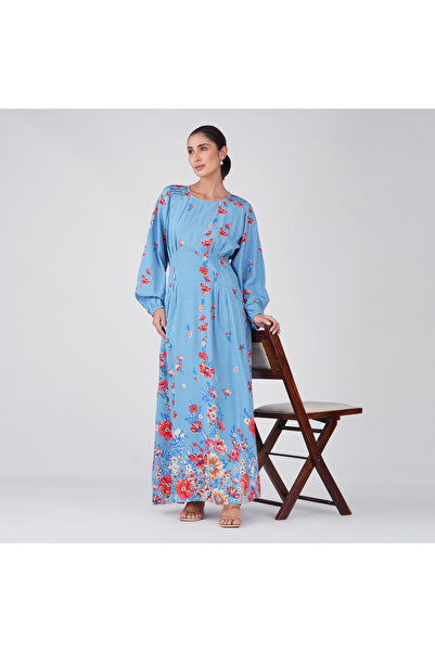 LINELLE Navy Blue Floral Placement Print Maxi Dress
