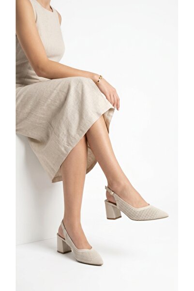 Eysha Yelena Women's Thick Heeled Shoes Laser Cut Perforated Pointed Toe Slin...