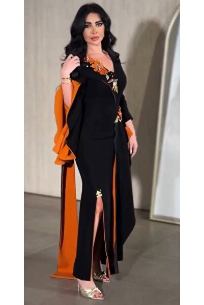 NALA FASHION Black Evening Dress with Luxurious Orange Details,