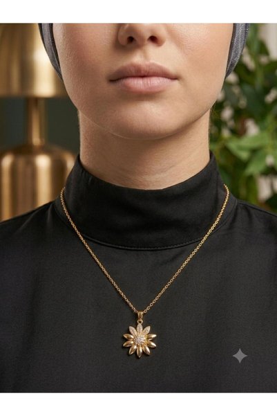 LuneraDesign Flower Figured Steel Necklace with Zircon Stones Women's Necklace Water Resistant Gold Color