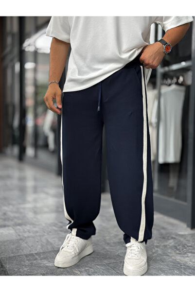 BYBASICMAN Navy Blue Asymmetrical Detailed Pipe Leg Sweatpants Bla-746