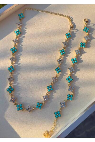 LioraJewellry Taşlı Turkuaz Renkli Çiçek Model Kolye-Bileklik Set