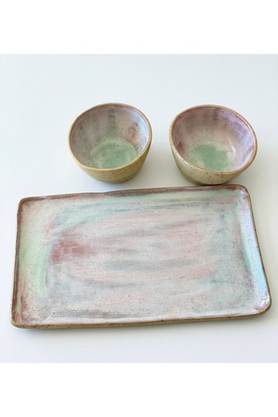 Leonart Atölye Stoneware pembe yeşil renk geçişli sushi tabağı ve soslukları