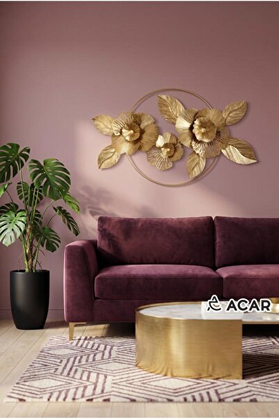 ACAR BEJ ALTIN ÇİÇEK DESEN METAL TABLO 90X55CM