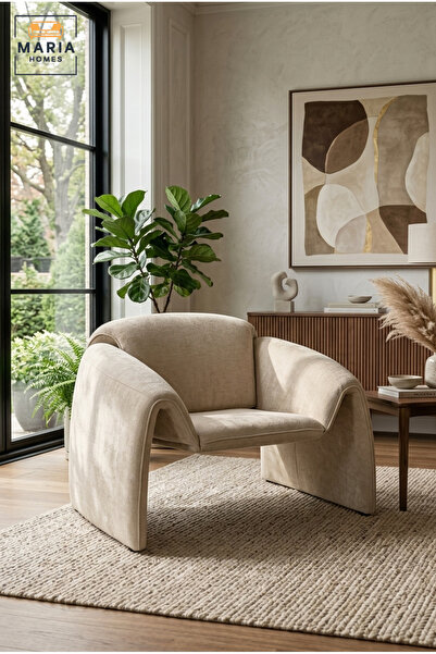 MARIA HOMES Modern Curved Accent Armchair – Beige Upholstered Lounge Chair fo...