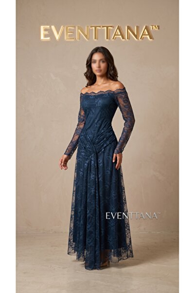 EVENTTANA Off-Shoulder Navy Lace Evening Dress |   Evanitana