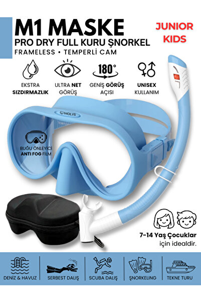 MOLYS M1 JUNIOR KIDS DALIŞ MASKESİ + PRO FULL DRY TAM KURU ŞNORKEL + MASKE KU...