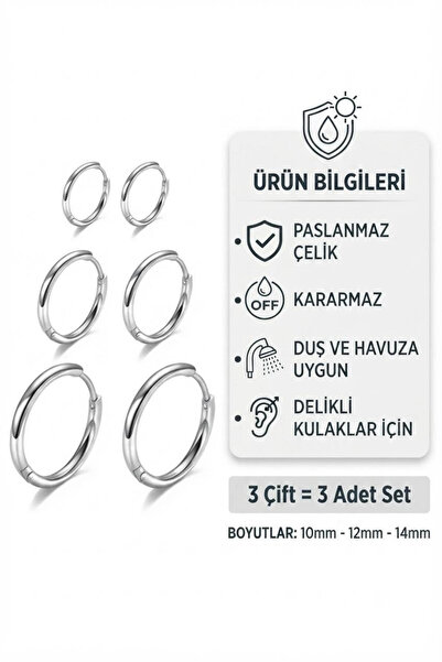Blisse Piercing Unisex Çelik Halka Küpe Seti Gümüş Renk 3 Çift Klasik Küpe