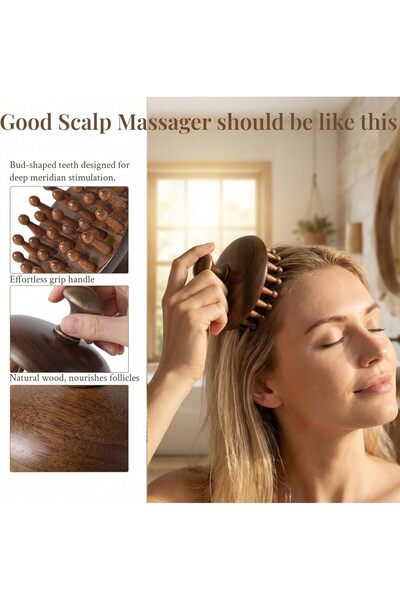 Luxly Sandalwood Scalp Massager 28 Pins, hair brush detangler Bamboo Hair Comb, Head Relief Massager Hair Growth Stimulator Relaxation, Handmade 100% Natural, Massage with Handle for Men Women