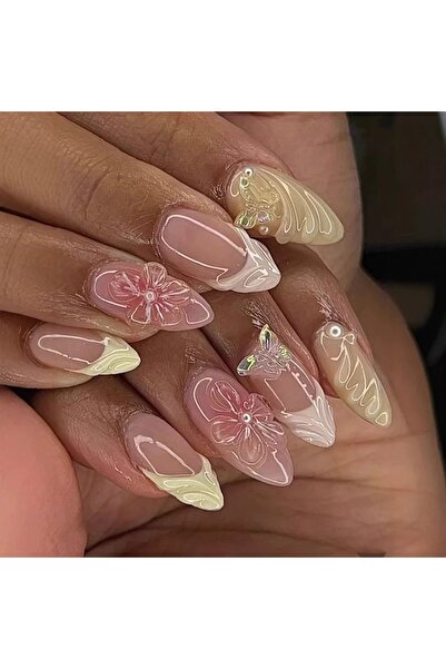 Choice24 1 24Pcs Pink Almond False Nails Butterfly Ballet with French Design ...