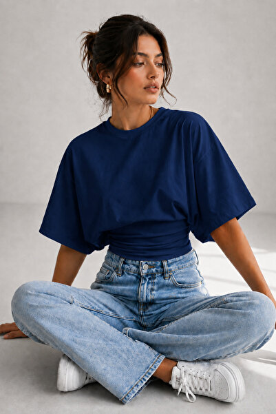 WOMAN VISION Women's Navy Blue Basic Crop Blouse Draped Waist Detailed Crop B...
