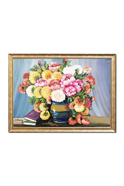 artnova Tablou inramat cu crizanteme si carti pictat manual, Beatitudine, 70x...